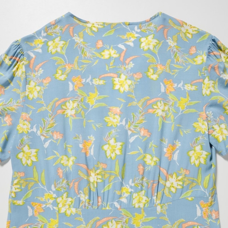 Uniqlo Printed V-Neck Short-Sleeve Flare Ženske Haljina Zelene | 5349-CIFQV