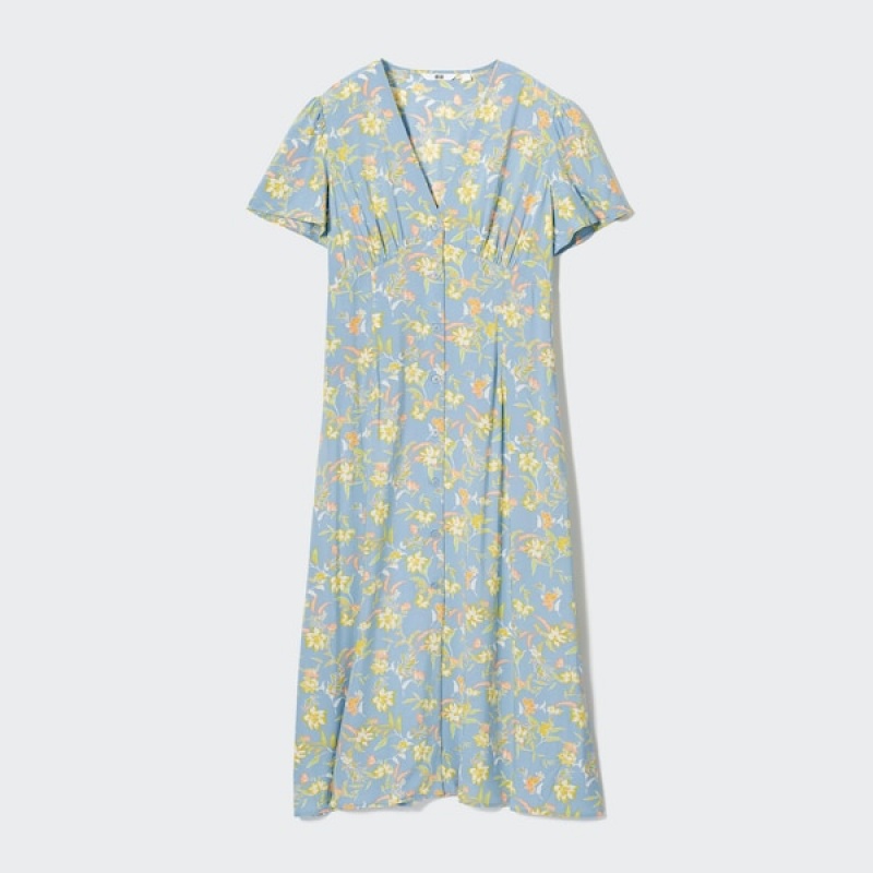 Uniqlo Printed V-Neck Short-Sleeve Flare Ženske Haljina Zelene | 5349-CIFQV