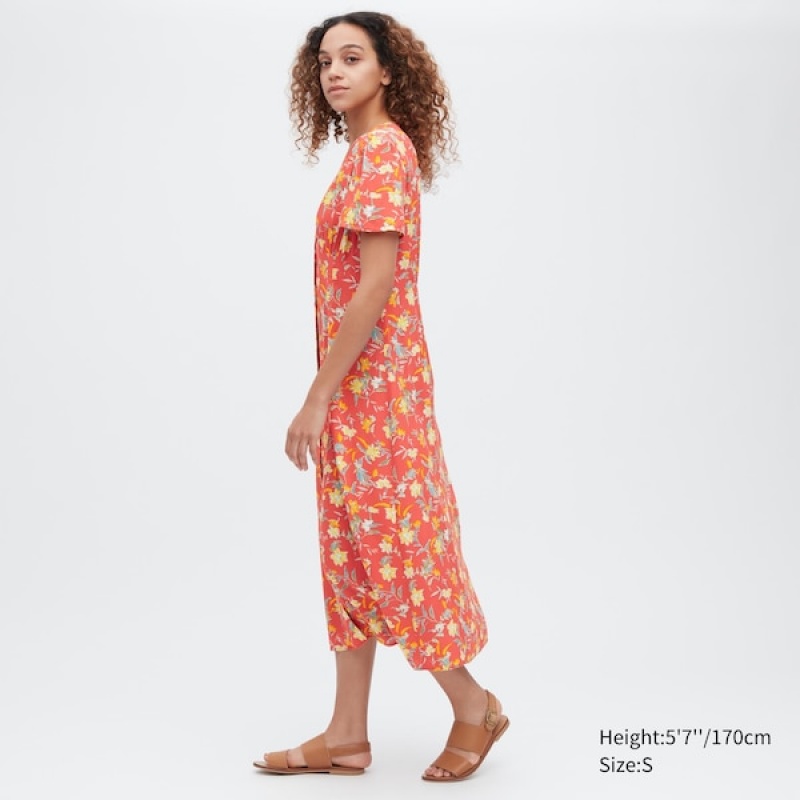 Uniqlo Printed V-Neck Short-Sleeve Flare Ženske Haljina Crvene | 5039-BXOIP