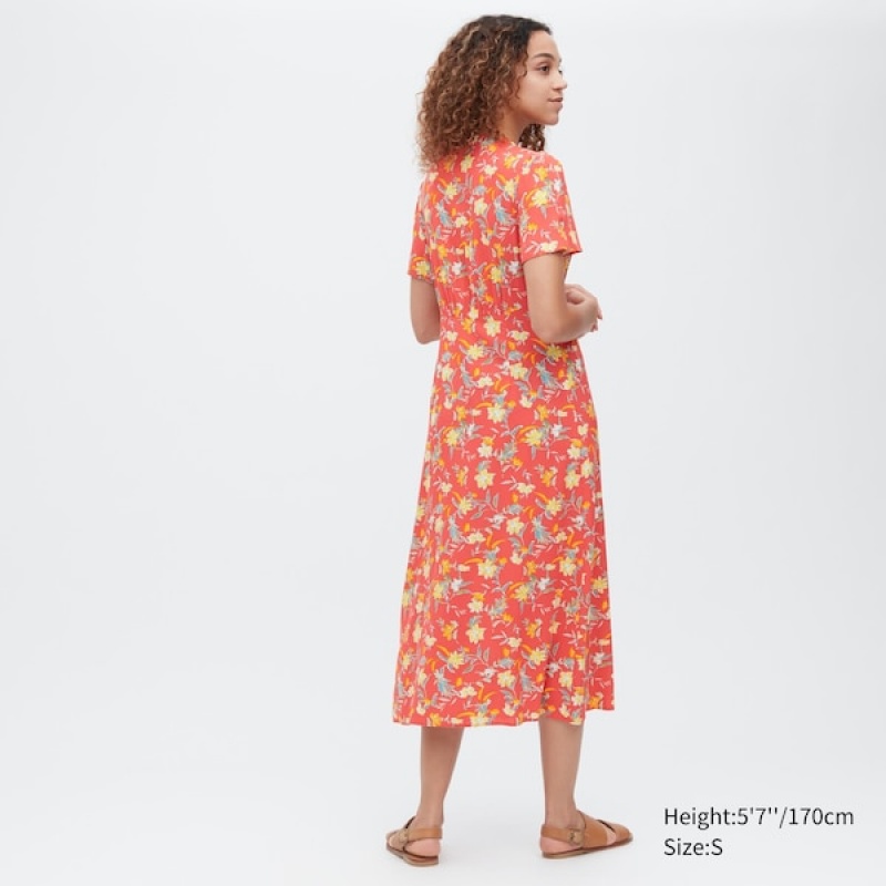Uniqlo Printed V-Neck Short-Sleeve Flare Ženske Haljina Crvene | 5039-BXOIP