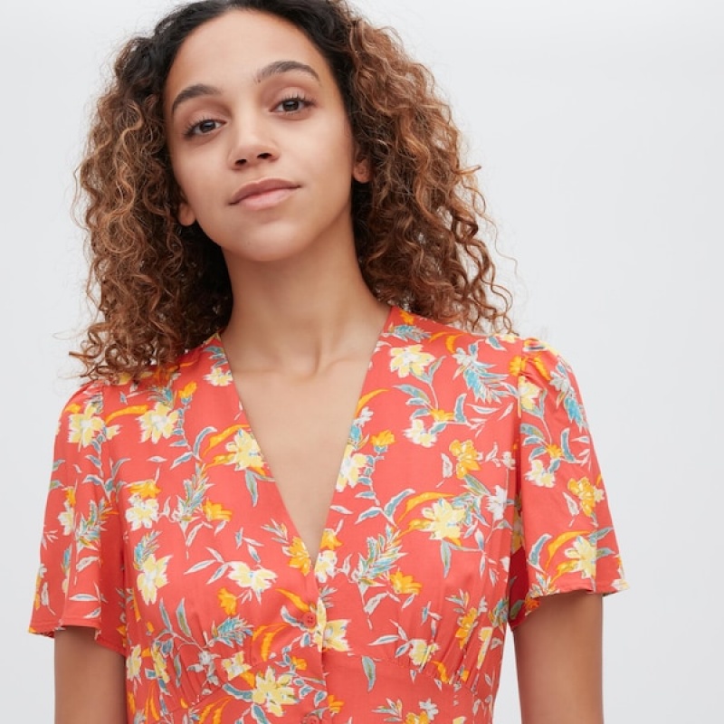 Uniqlo Printed V-Neck Short-Sleeve Flare Ženske Haljina Crvene | 5039-BXOIP