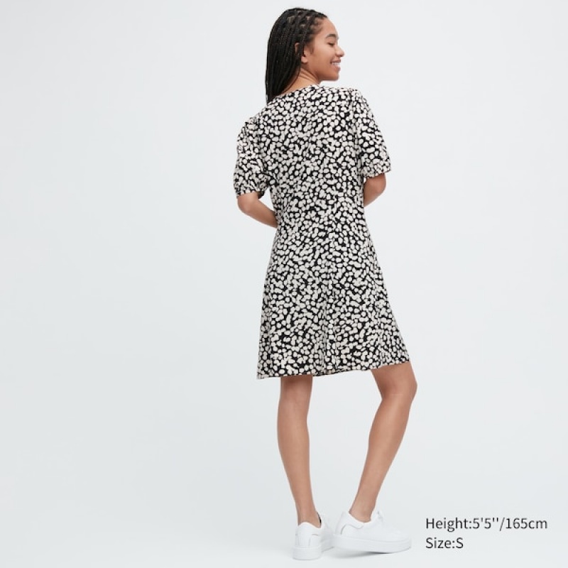 Uniqlo Printed V-Neck Short-Sleeve Mini Ženske Haljina Crne | 5167-YFHCK