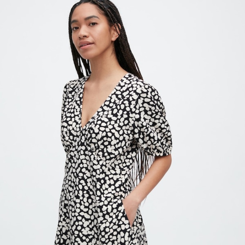Uniqlo Printed V-Neck Short-Sleeve Mini Ženske Haljina Crne | 5167-YFHCK