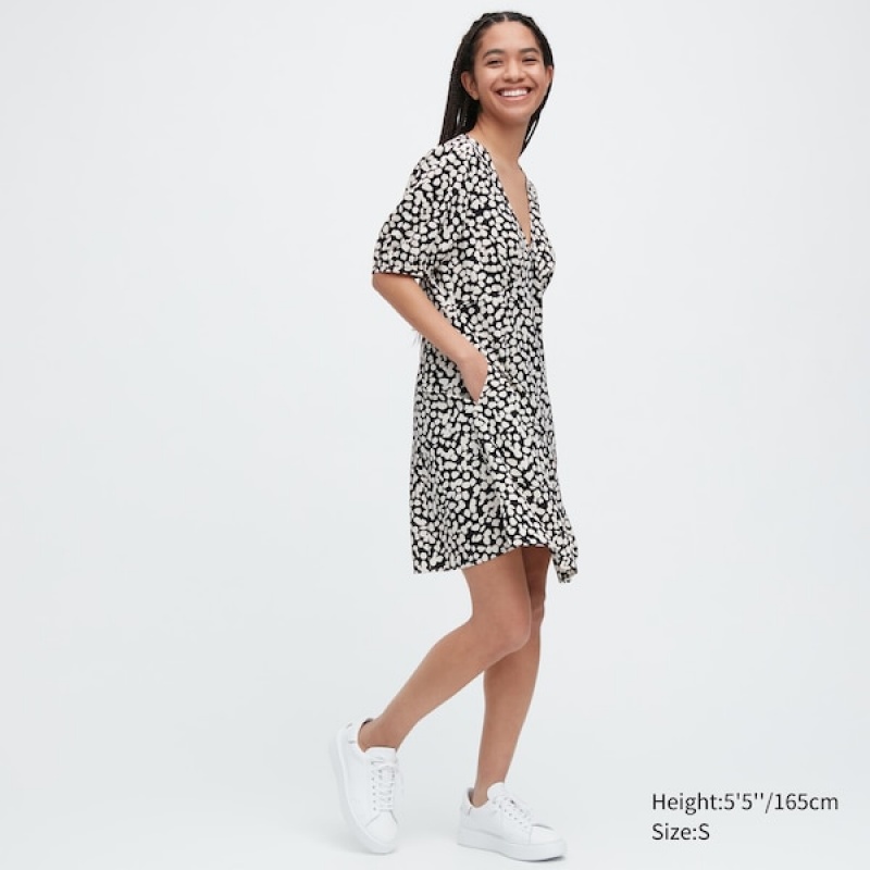 Uniqlo Printed V-Neck Short-Sleeve Mini Ženske Haljina Crne | 5167-YFHCK