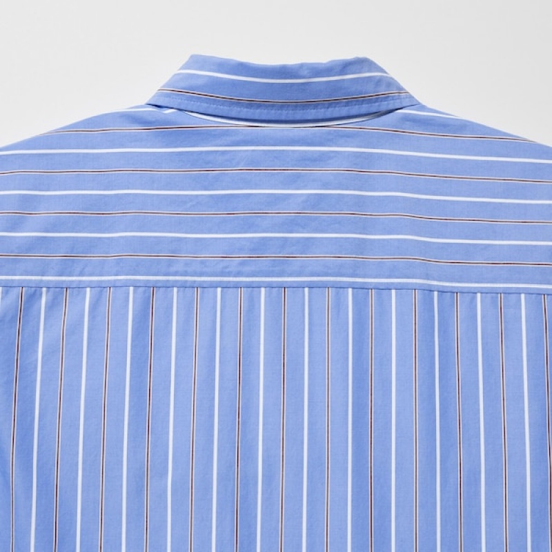 Uniqlo Prugasta Cotton Long-Sleeve Long Shirt Ženske Haljina Plave | 0432-OJZAV