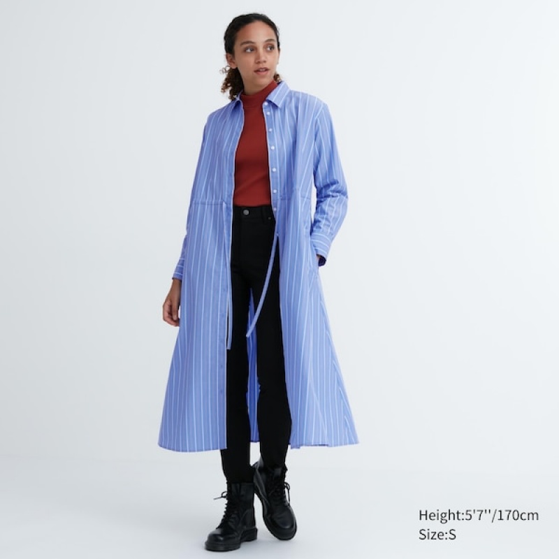 Uniqlo Prugasta Cotton Long-Sleeve Long Shirt Ženske Haljina Plave | 0432-OJZAV