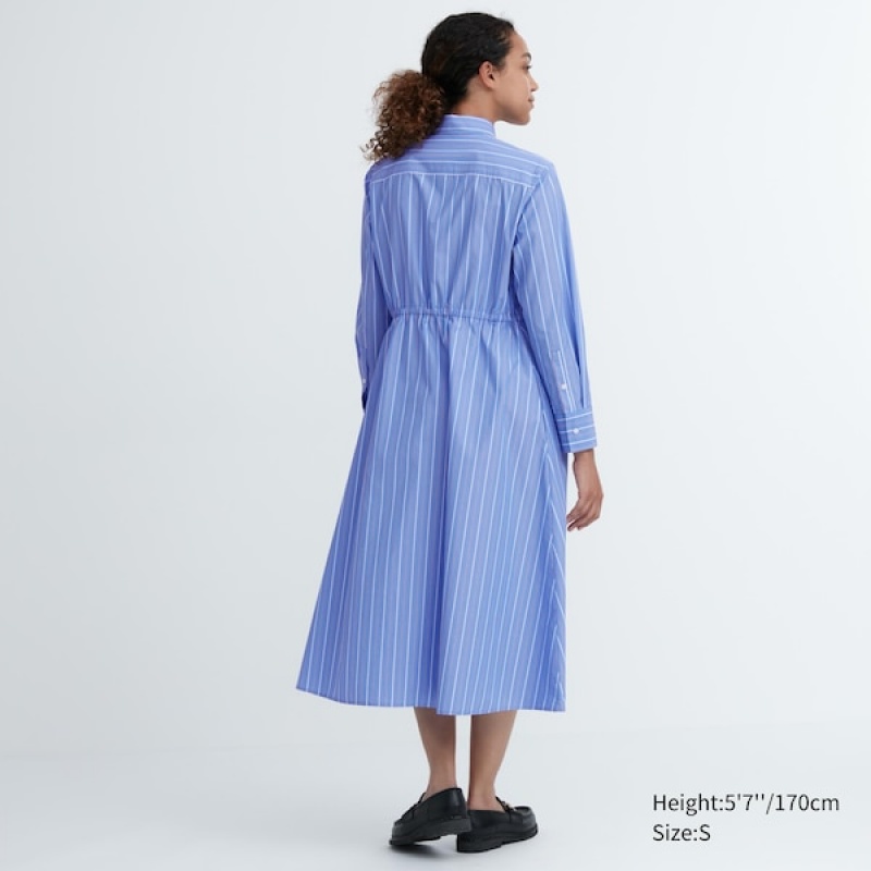 Uniqlo Prugasta Cotton Long-Sleeve Long Shirt Ženske Haljina Plave | 0432-OJZAV