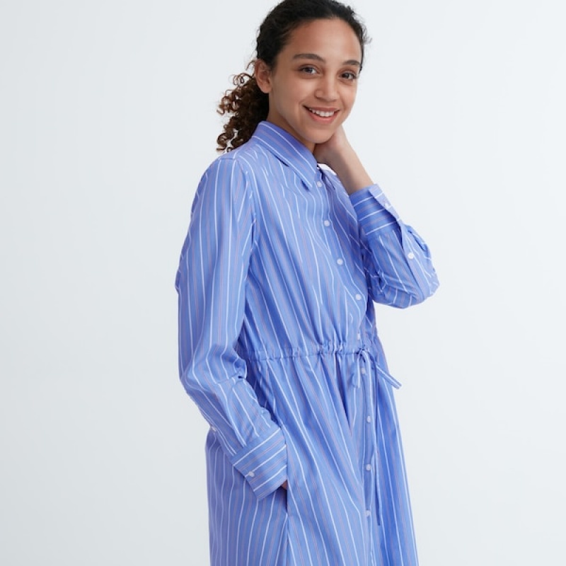 Uniqlo Prugasta Cotton Long-Sleeve Long Shirt Ženske Haljina Plave | 0432-OJZAV