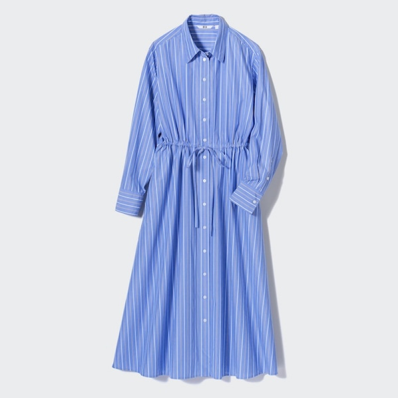 Uniqlo Prugasta Cotton Long-Sleeve Long Shirt Ženske Haljina Plave | 0432-OJZAV