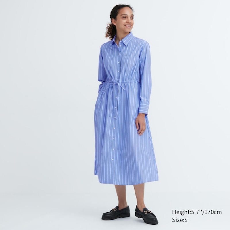 Uniqlo Prugasta Cotton Long-Sleeve Long Shirt Ženske Haljina Plave | 0432-OJZAV