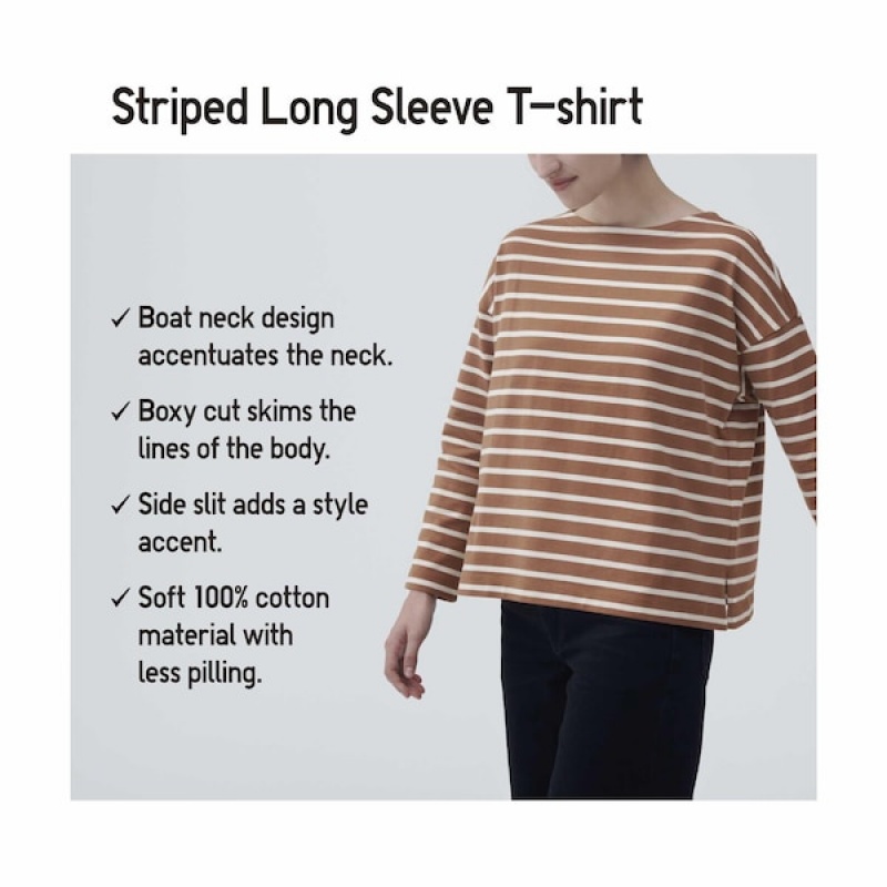Uniqlo Prugasta Long-Sleeve Ženske Majice Smeđe | 1756-BTRZP