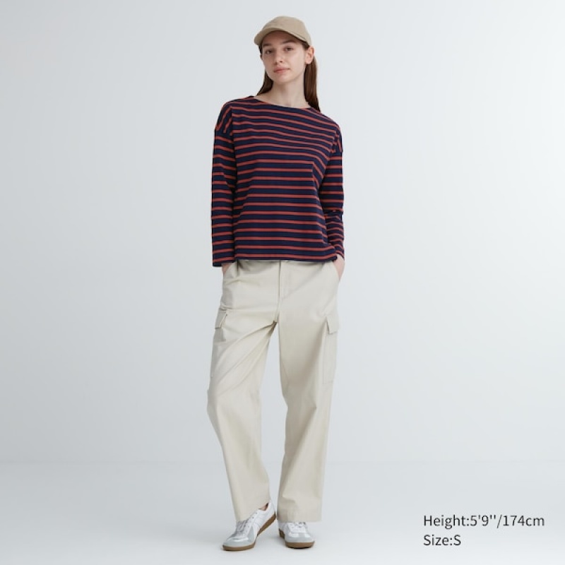 Uniqlo Prugasta Long-Sleeve Ženske Majice Smeđe | 1756-BTRZP