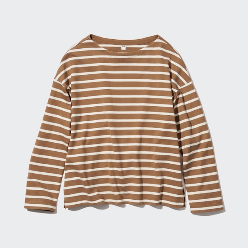 Uniqlo Prugasta Long-Sleeve Ženske Majice Smeđe | 1756-BTRZP