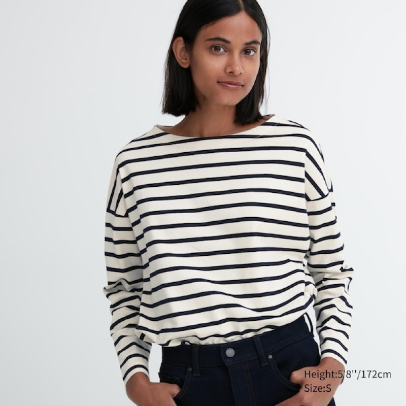Uniqlo Prugasta Long-Sleeve Ženske Majice Bijele | 9538-NTVUH