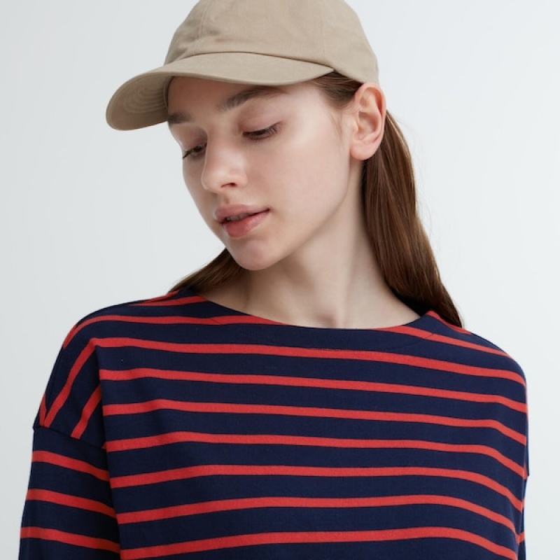 Uniqlo Prugasta Long-Sleeve Ženske Majice Crvene | 5823-OTGFW