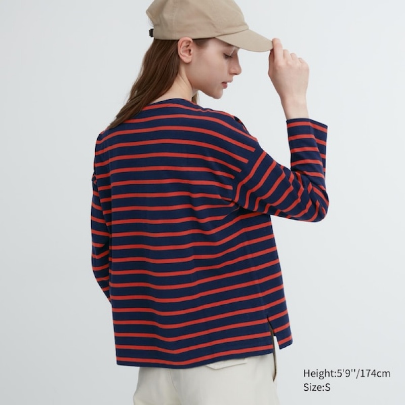Uniqlo Prugasta Long-Sleeve Ženske Majice Crvene | 5823-OTGFW