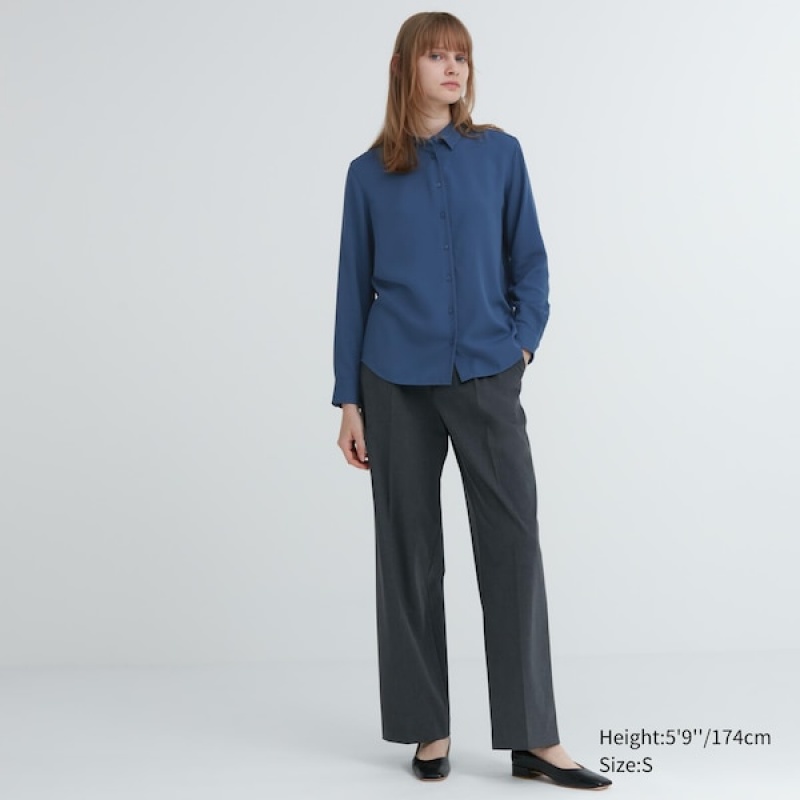 Uniqlo Rayon Long-Sleeve Ženske Košulje Plave | 8704-SICOH