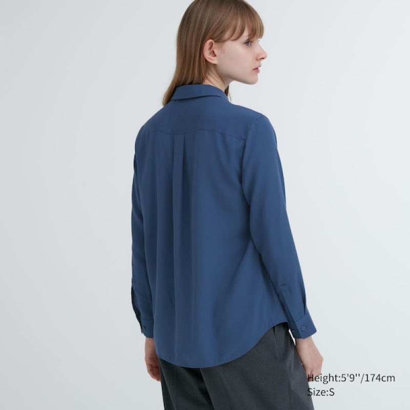 Uniqlo Rayon Long-Sleeve Ženske Košulje Plave | 8704-SICOH