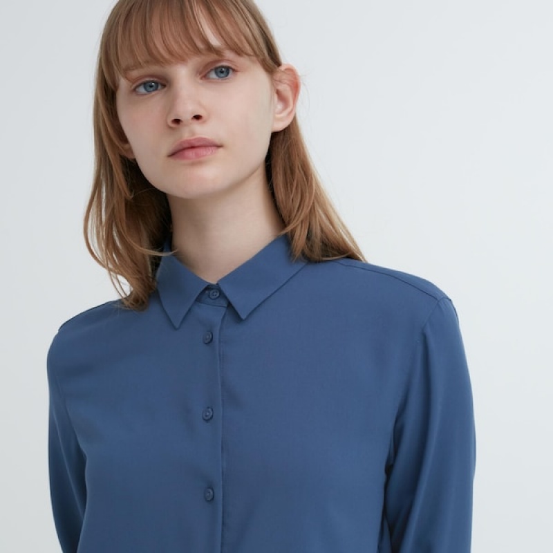 Uniqlo Rayon Long-Sleeve Ženske Košulje Plave | 8704-SICOH