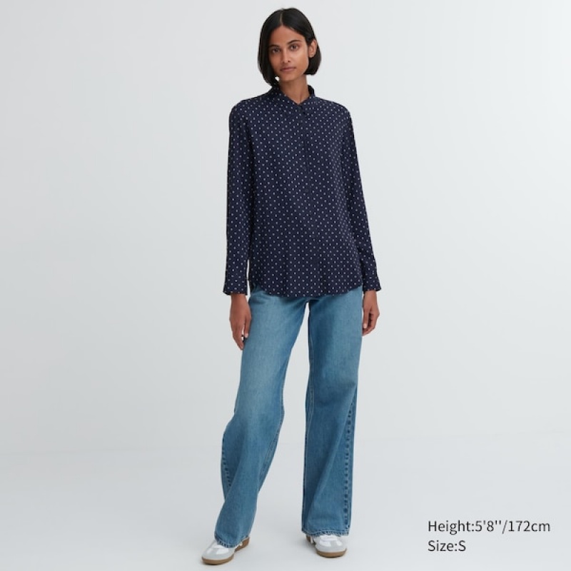 Uniqlo Rayon Printed Long-Sleeve Ženske Košulje Tamnoplave | 3685-RJFLC