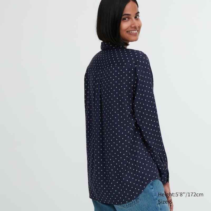 Uniqlo Rayon Printed Long-Sleeve Ženske Košulje Tamnoplave | 3685-RJFLC