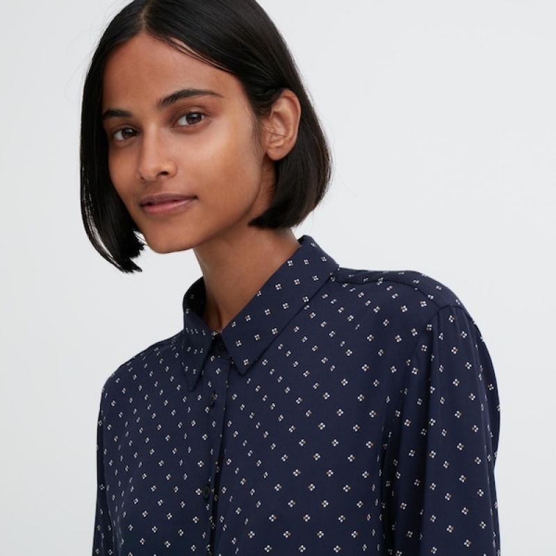 Uniqlo Rayon Printed Long-Sleeve Ženske Košulje Tamnoplave | 3685-RJFLC