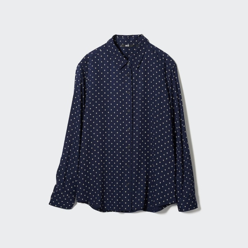 Uniqlo Rayon Printed Long-Sleeve Ženske Košulje Tamnoplave | 3685-RJFLC