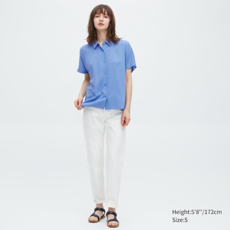 Uniqlo Rayon Short-Sleeve Ženske Košulje Plave | 0179-XAQCV