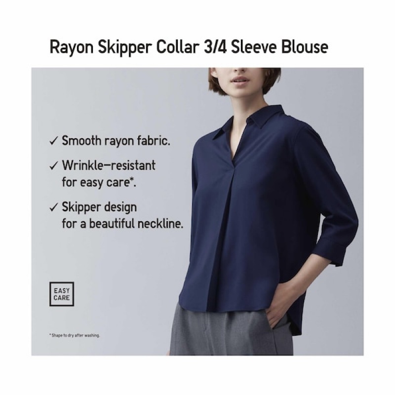 Uniqlo Rayon Skipper Collar 3/4-Sleeve Ženske Košulje Bijele | 9621-WGKQD