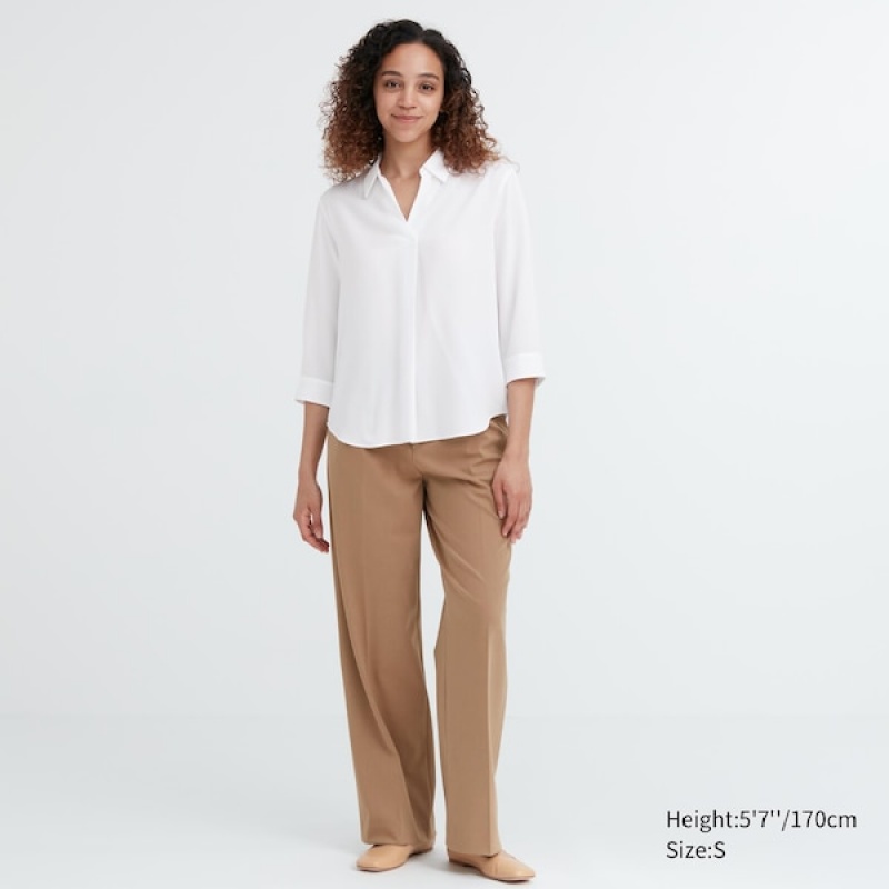 Uniqlo Rayon Skipper Collar 3/4-Sleeve Ženske Košulje Bijele | 7084-JOPKV