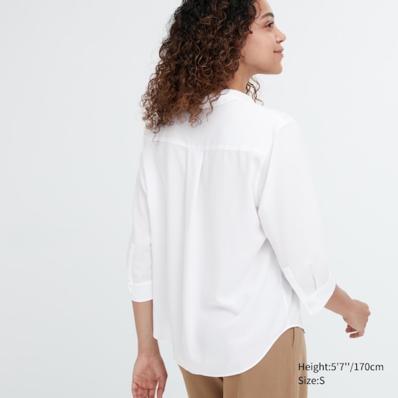 Uniqlo Rayon Skipper Collar 3/4-Sleeve Ženske Košulje Bijele | 7084-JOPKV