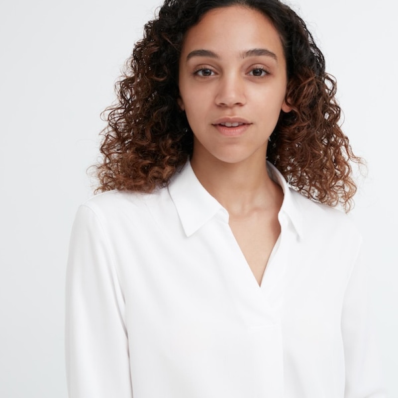 Uniqlo Rayon Skipper Collar 3/4-Sleeve Ženske Košulje Bijele | 7084-JOPKV