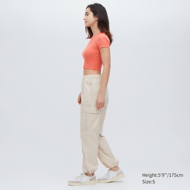 Uniqlo Rebrasti Crew Neck Short-Sleeve Cropped Ženske Majice Narančaste | 8051-WLRQM