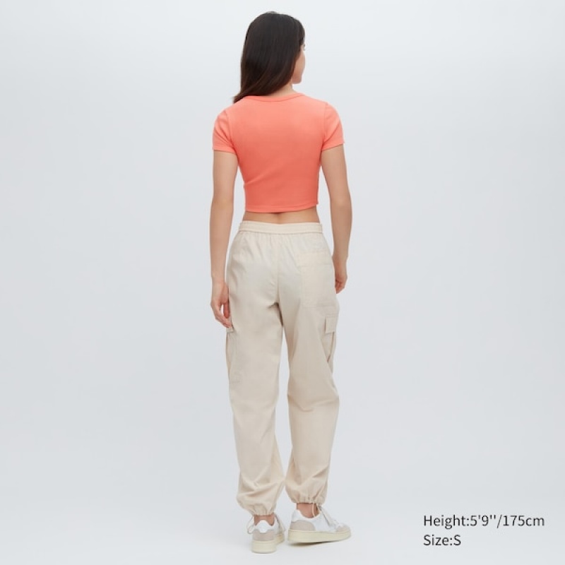 Uniqlo Rebrasti Crew Neck Short-Sleeve Cropped Ženske Majice Narančaste | 8051-WLRQM