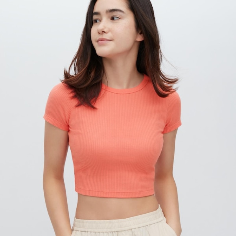 Uniqlo Rebrasti Crew Neck Short-Sleeve Cropped Ženske Majice Narančaste | 8051-WLRQM