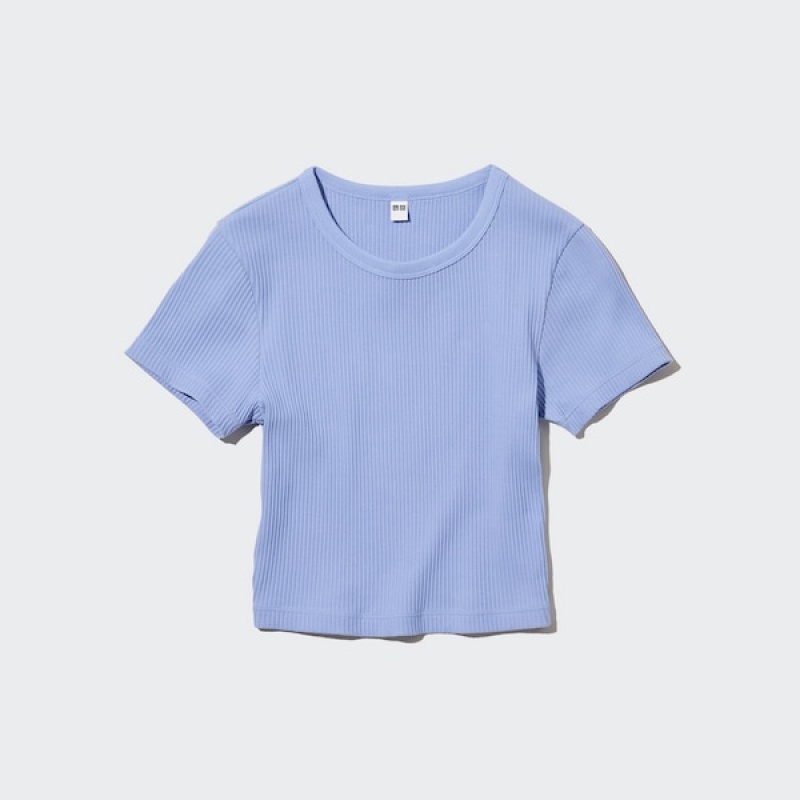 Uniqlo Rebrasti Crew Neck Short-Sleeve Cropped Ženske Majice Plave | 2465-STKMU