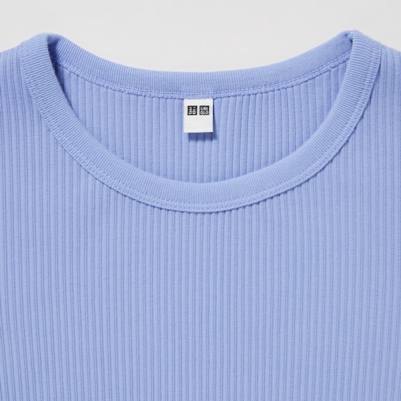 Uniqlo Rebrasti Crew Neck Short-Sleeve Cropped Ženske Majice Plave | 2465-STKMU