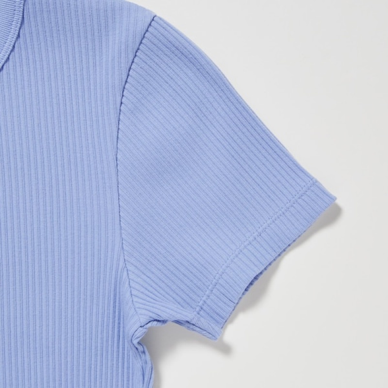 Uniqlo Rebrasti Crew Neck Short-Sleeve Cropped Ženske Majice Plave | 2465-STKMU