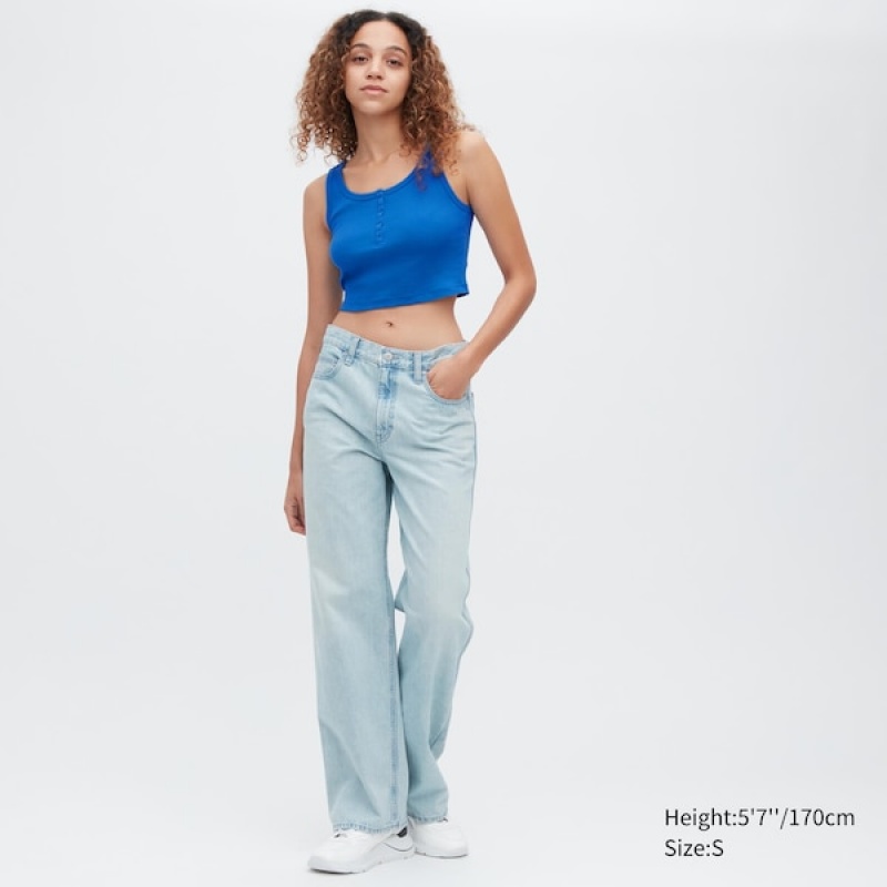 Uniqlo Rebrasti Henley Neck Cropped Tank Ženske Topi Crne | 8032-AFDHY
