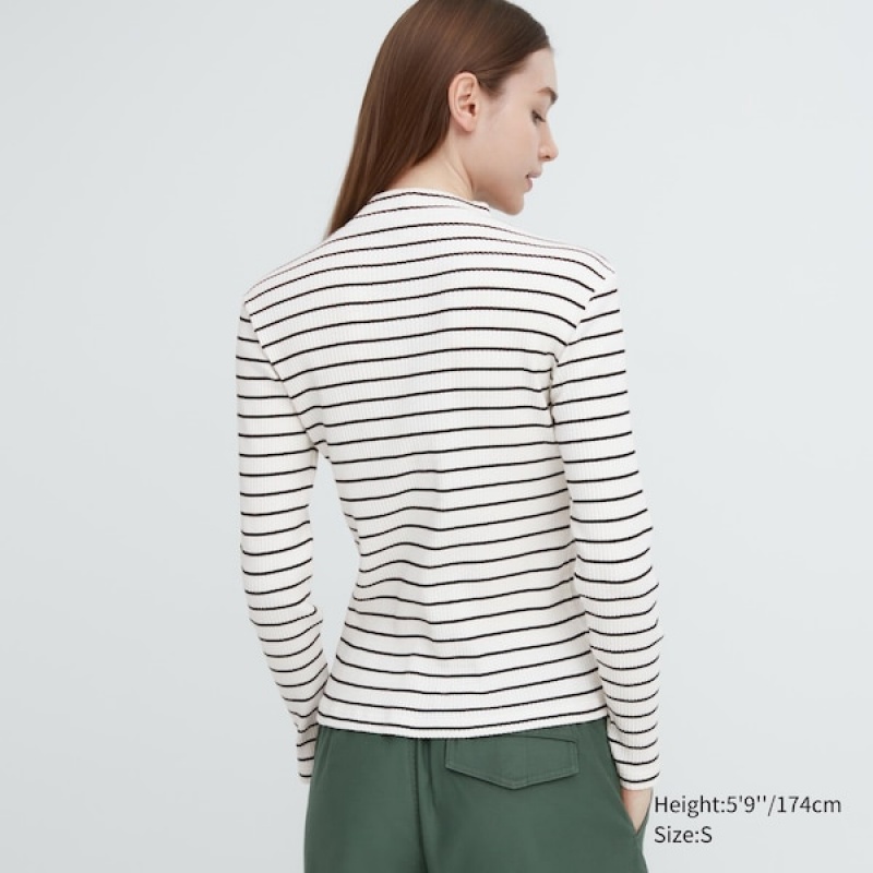 Uniqlo Rebrasti Prugasta High Neck Long-Sleeve Ženske Majice Bijele | 1394-PFIDJ