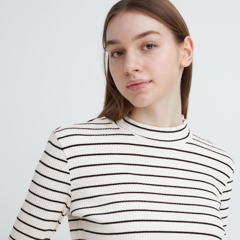 Uniqlo Rebrasti Prugasta High Neck Long-Sleeve Ženske Majice Bijele | 1394-PFIDJ