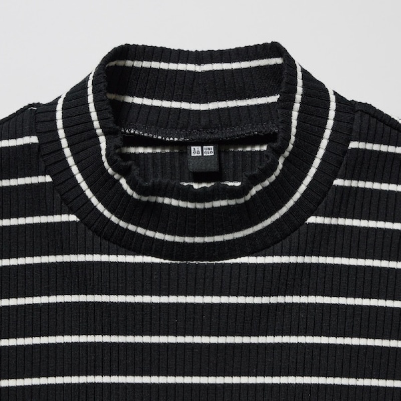 Uniqlo Rebrasti Prugasta High Neck Long-Sleeve Ženske Majice Crne | 1530-ZMATB