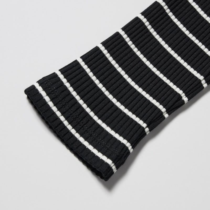 Uniqlo Rebrasti Prugasta High Neck Long-Sleeve Ženske Majice Crne | 1530-ZMATB