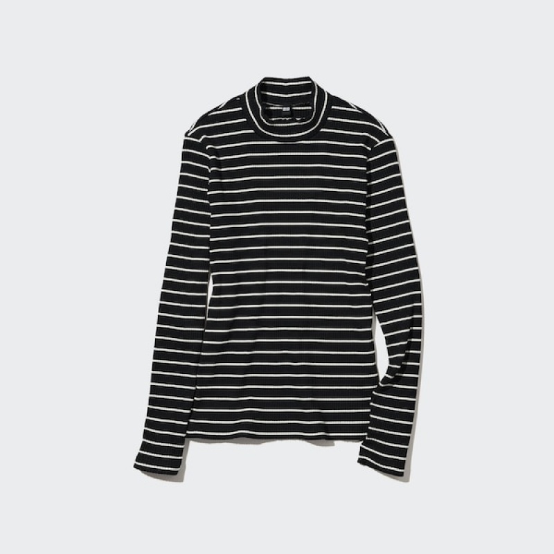 Uniqlo Rebrasti Prugasta High Neck Long-Sleeve Ženske Majice Crne | 1530-ZMATB