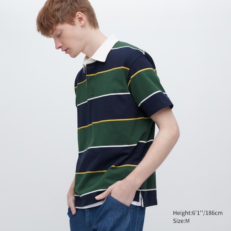 Uniqlo Rugger Prugasta Short Sleeve Muške Polo Majica Zelene | 6013-QHWFM