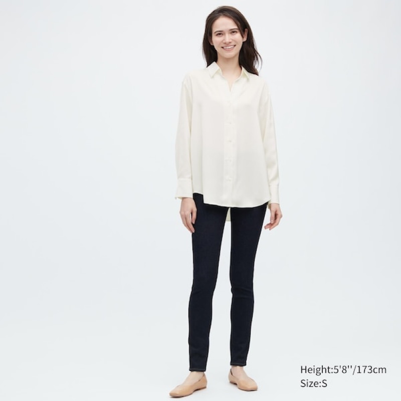 Uniqlo Satin Long-Sleeve Ženske Košulje Bijele | 0587-MOBQP