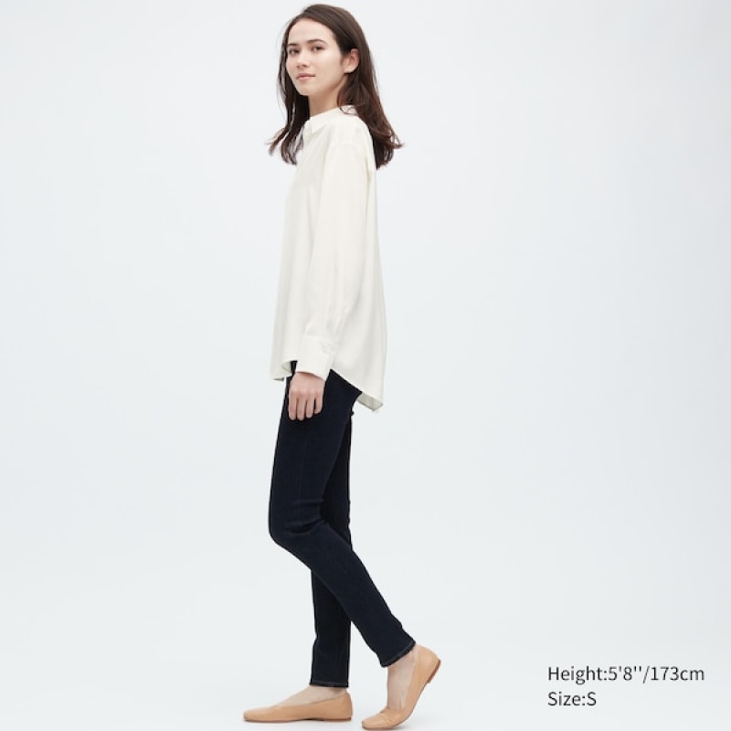 Uniqlo Satin Long-Sleeve Ženske Košulje Bijele | 0587-MOBQP