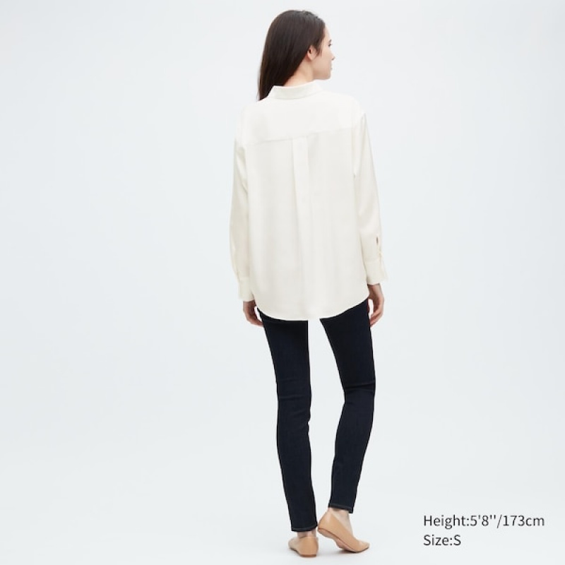 Uniqlo Satin Long-Sleeve Ženske Košulje Bijele | 0587-MOBQP