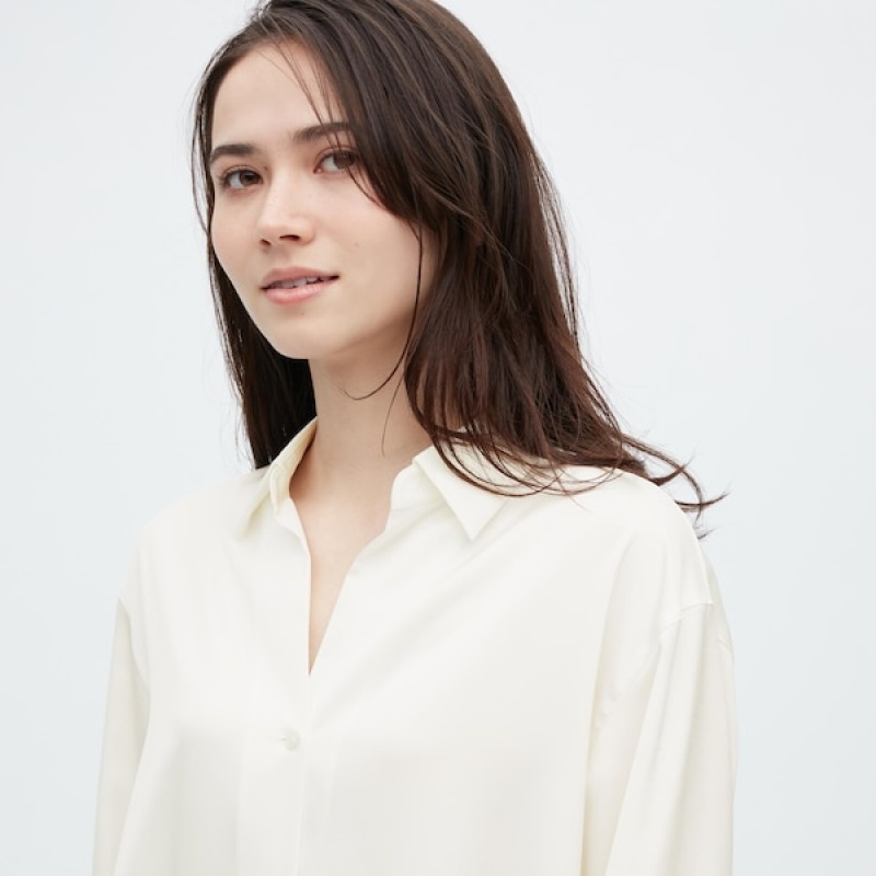 Uniqlo Satin Long-Sleeve Ženske Košulje Bijele | 0587-MOBQP
