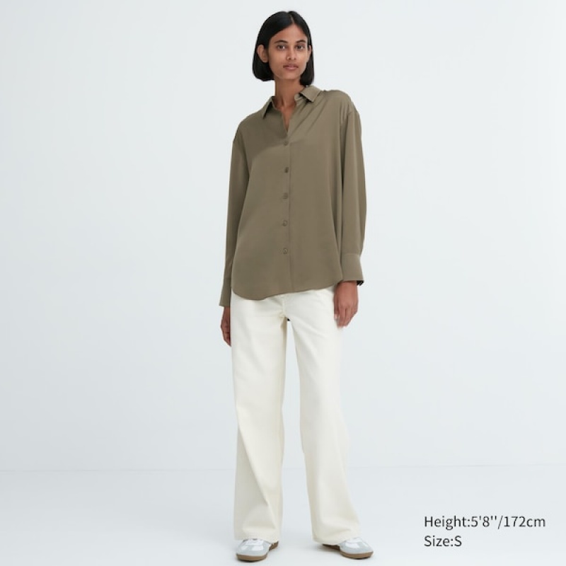 Uniqlo Satin Long-Sleeve Ženske Košulje Maslinasto Zelene | 0926-XUGEO